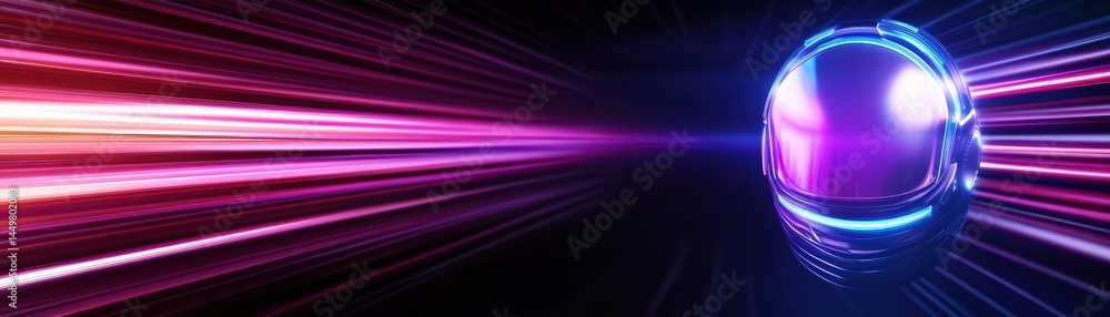 Poster futuristic astronaut helmet with glowing lights and colorful motion blur in a sci-fi space environme