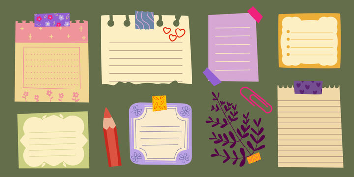 Cute hand drawn memo note sheets set - lined notepaper, to do checklist borders, floral patterns and vintage frames. Colorful journal sticker pack for scrapbooking, stationery, planner decoration.