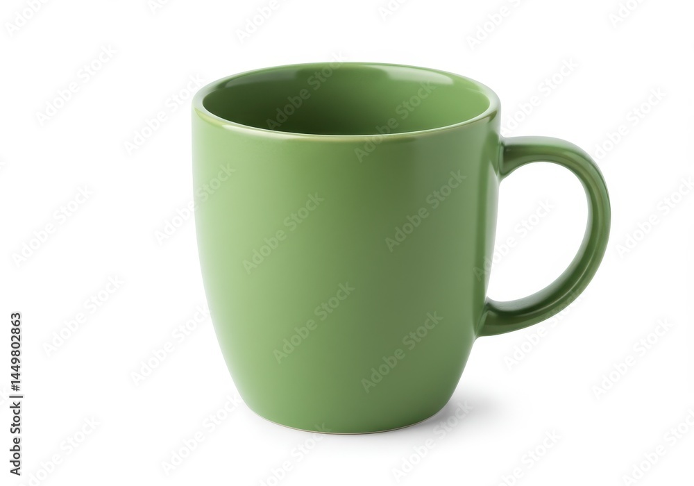 Aufkleber a simple green ceramic mug with a handle sits on a white surface in a studio shot with soft shadows