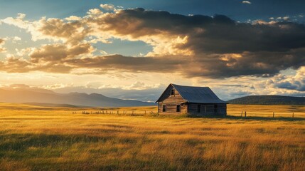 A small wooden house in a golden field at sunset with dramatic clouds overhead and mountains in the distance.