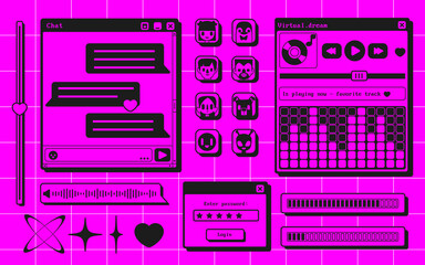 Retro user interface screens - music player, chat window template, login form and avatars. Neon pink graphic elements and vintage style buttons, sliders and icons. Old school cyberpunk gui design kit.