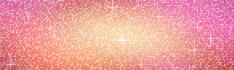 Disco ball mosaic pattern - abstract orange glowing square tiles background. Bright shiny glitter effect, sparkling digital pixelated texture. Vibrant backdrop, party decoration vector illustration.