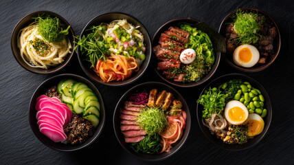 Asian Cuisine Bowls with Meat, Egg, and Vegetables a high-resolution, conceptual visual design ideal for use in digital media, stock content, or educational and marketing applications.