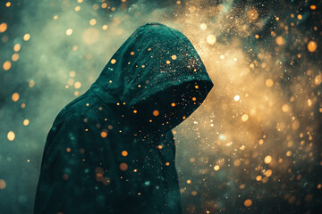 Dark teal hooded figure, partially obscured, amidst a bokeh of gold and teal sparks, suggesting mystery, secrecy, or hidden identity