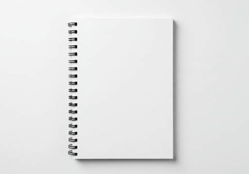 A blank white spiral notebook with a clean, minimalist design lies on a white surface, ready for notes or sketches