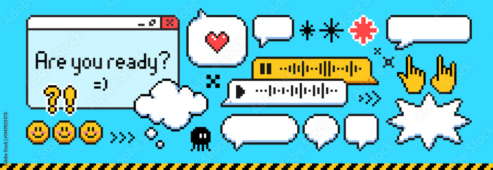 Poster pixel art speech bubbles and emoticon set - retro 8 bit style chat message boxes, hearts and stars, 