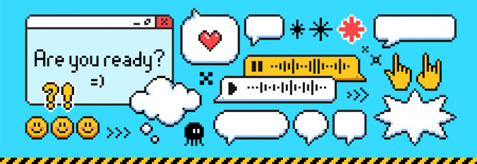 Pixel art speech bubbles and emoticon set - retro 8 bit style chat message boxes, hearts and stars, smiling faces and hand gestures icons. Geometric shapes for old school computer interface design.