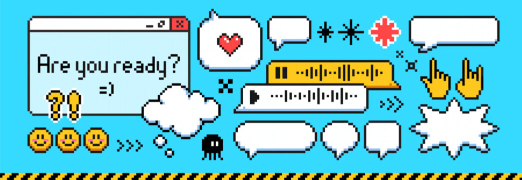 Pixel art speech bubbles and emoticon set - retro 8 bit style chat message boxes, hearts and stars, smiling faces and hand gestures icons. Geometric shapes for old school computer interface design.
