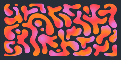 Vibrant funky liquid shapes with colorful gradients - pink, orange and red bubbly blobs squiggling on black bg. Psychedelic curvy amoeba forms, quirky decorative trendy elements for groovy design.