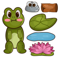 Fototapeta premium sticker sheet illustration of cute green frogs and lotus flowers in a lake