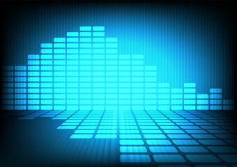 Blue equalizer in dark A dynamic display of sound visualization, capturing the vibrant energy of digital audio, using a cool blue color palette and geometrical forms.