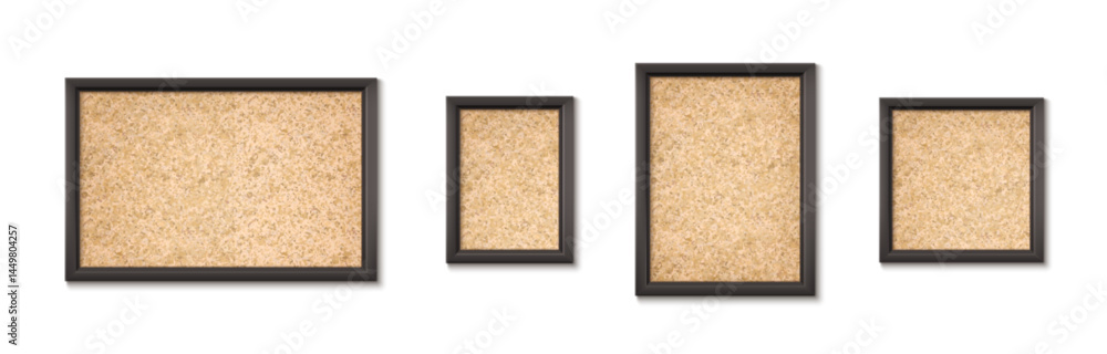 Poster cork board texture displayed in various sized rectangular wooden frames on white background. brown s