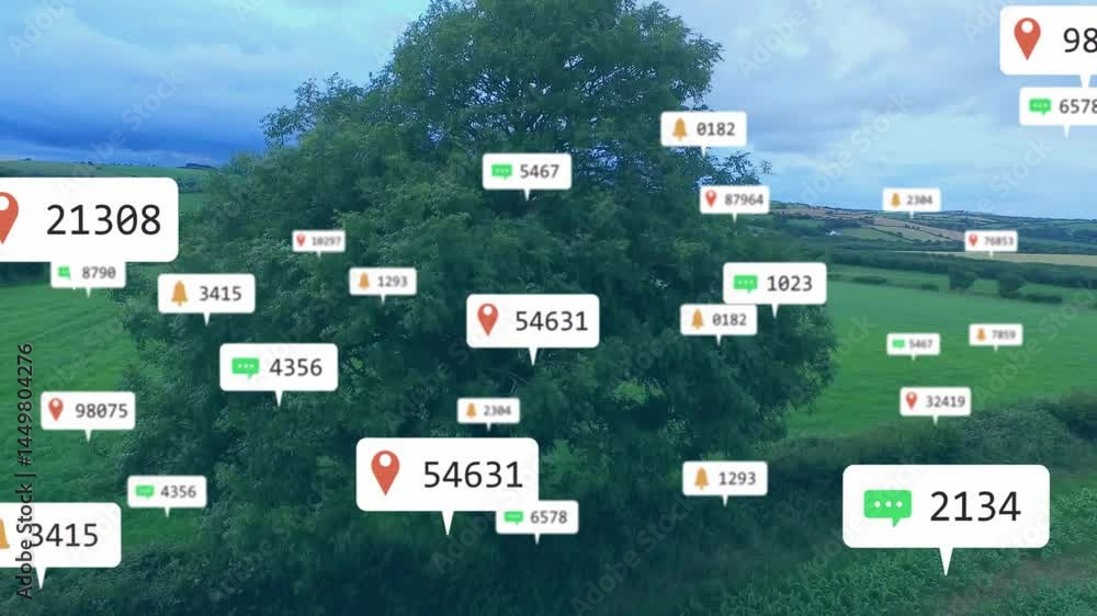 Poster large green tree visualizing in rural fields, displaying floating red pin chat notification icons
