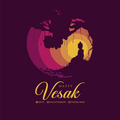 Happy Vesak Day 2025 illustration featuring meditating Buddha silhouette, Bodhi tree, and calm sunset gradients. Abstract Buddhist design for Vesak celebration. Trisuci Waisak 2025 celebration design