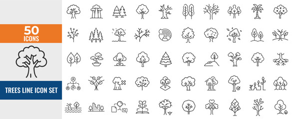 Trees Line Icon Set – Thin Linear Vector Symbols of Roots, Branches, Leaves, Fruit, Apple, Orange, Evergreen & Tropical Trees