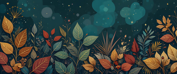 abstract doodle dark blue background, golden and red gradient leaves with flowers seamless pattern, outline art, deep stroke, outline art style,close style, vintage theme, minimalist, seamless, shimme