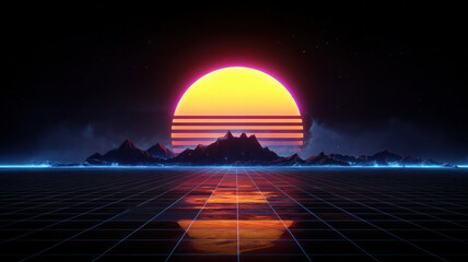 Bright Retro Sunset Reflecting on Sci-Fi Water a high-resolution, conceptual visual design ideal for use in digital media, stock content, or educational and marketing applications.