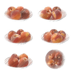 Peaches on a plate sketch isolated transparent background 3d rendering