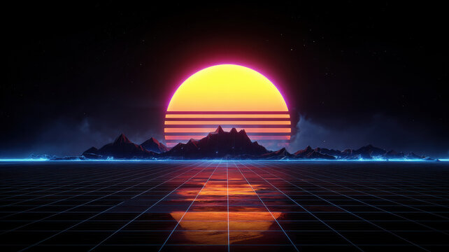 Bright Retro Sunset Reflecting on Sci-Fi Water a high-resolution, conceptual visual design ideal for use in digital media, stock content, or educational and marketing applications.
