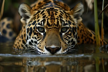 Obraz premium Jaguar in Water: An up-close portrait showcases the majesty of a jaguar, its gaze intense as it partially submerged in water, the sleek coat and striking spots create a mesmerizing effect.