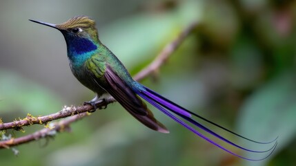Fototapeta premium Violet-tailed Sylph Hummingbird Perched on Branch, Vibrant Plumage Close-up