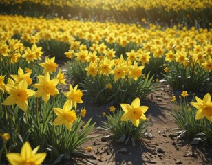 Obraz premium Sunlit field of vibrant yellow daffodils in full bloom, petals glistening , texture, floral, landscape