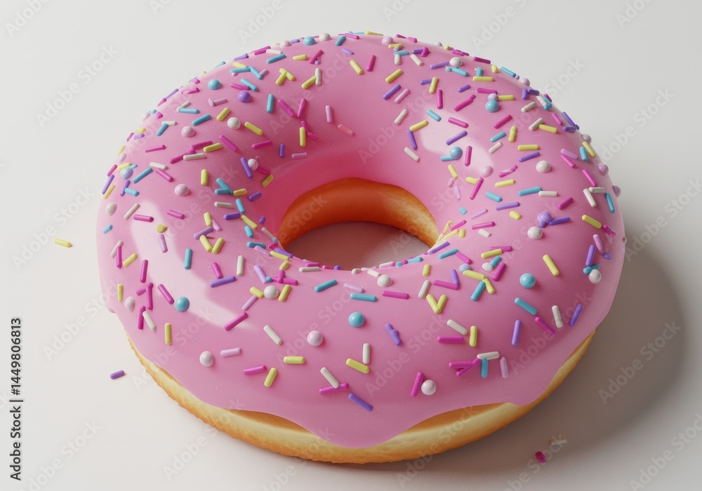 Poster close-up of a glazed donut with pink frosting and colorful sprinkles on a white surface, casting a s
