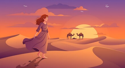 Fototapeta premium Woman Walking in Desert at Sunset