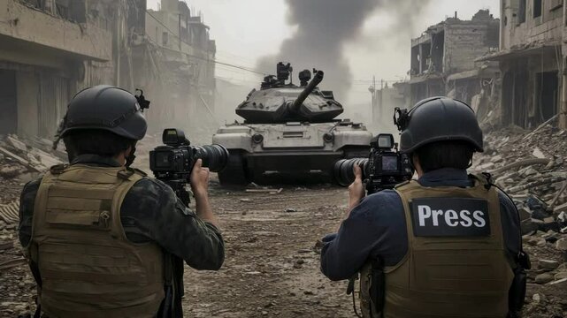 In a war zone surrounded by ruins and buildings, journalists wearing bulletproof vests and helmets are filming.