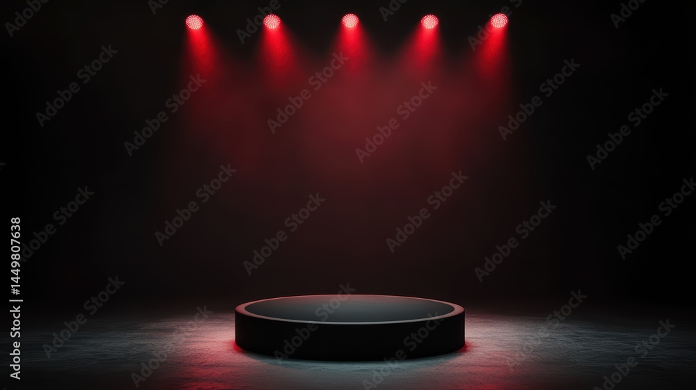 Poster circular stage with red spotlights in dark room for performance and event use