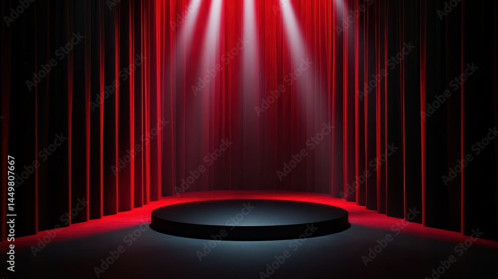 Poster dramatic stage setup with red curtains and spotlight in theatrical lighting for performance and even