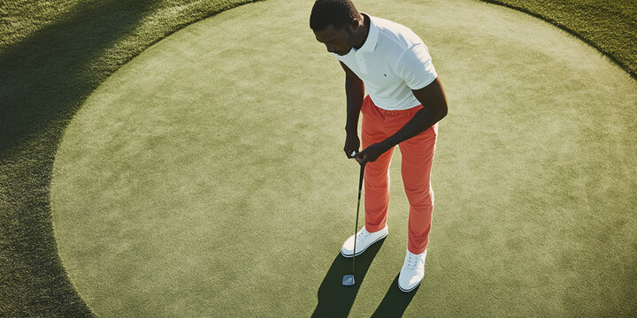 Overhead view of golfer preparing to putt on green putting surface, showcasing relaxed concentration and golfing attire, representing leisure, skill, and the sport of golf