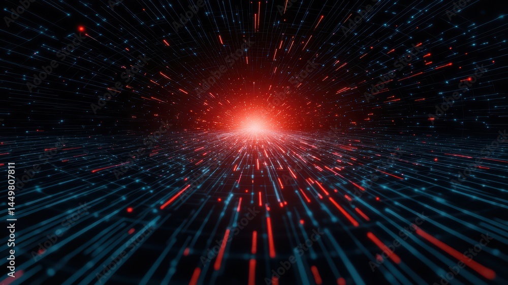 Poster abstract futuristic background with red and blue light beams radiating from a central point in a dar