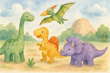 Cute dinosaurs playing together in prehistoric landscape