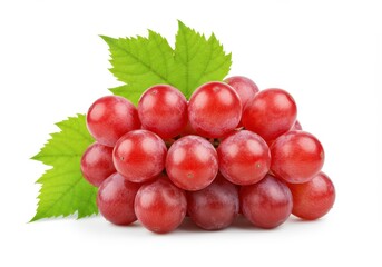 Fototapeta premium Close-up view of a bunch of red grapes with green leaves on a white background, showcasing their freshness
