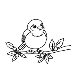 Fototapeta premium Cute Bird Sitting on Branch in Black and White Coloring Style 