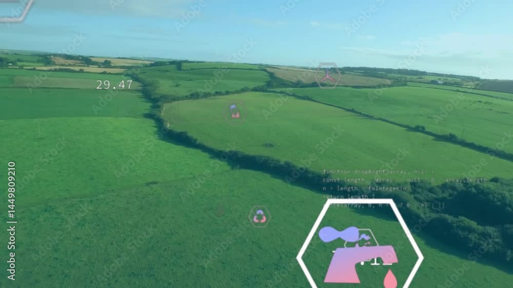 Poster agricultural fields being animated with ar overlays in flat design, showing floating hexagon icons