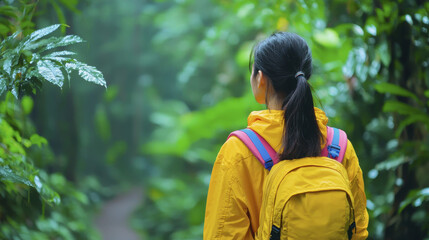 person in yellow rain jacket and backpack stands in lush green forest, surrounded by foliage, enjoying nature tranquility