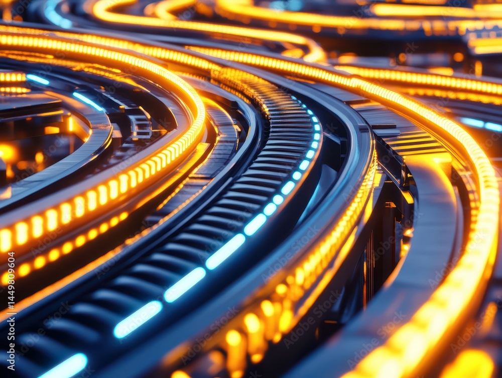 Poster vibrant light trails on smooth tracks with futuristic design in modern technology setting