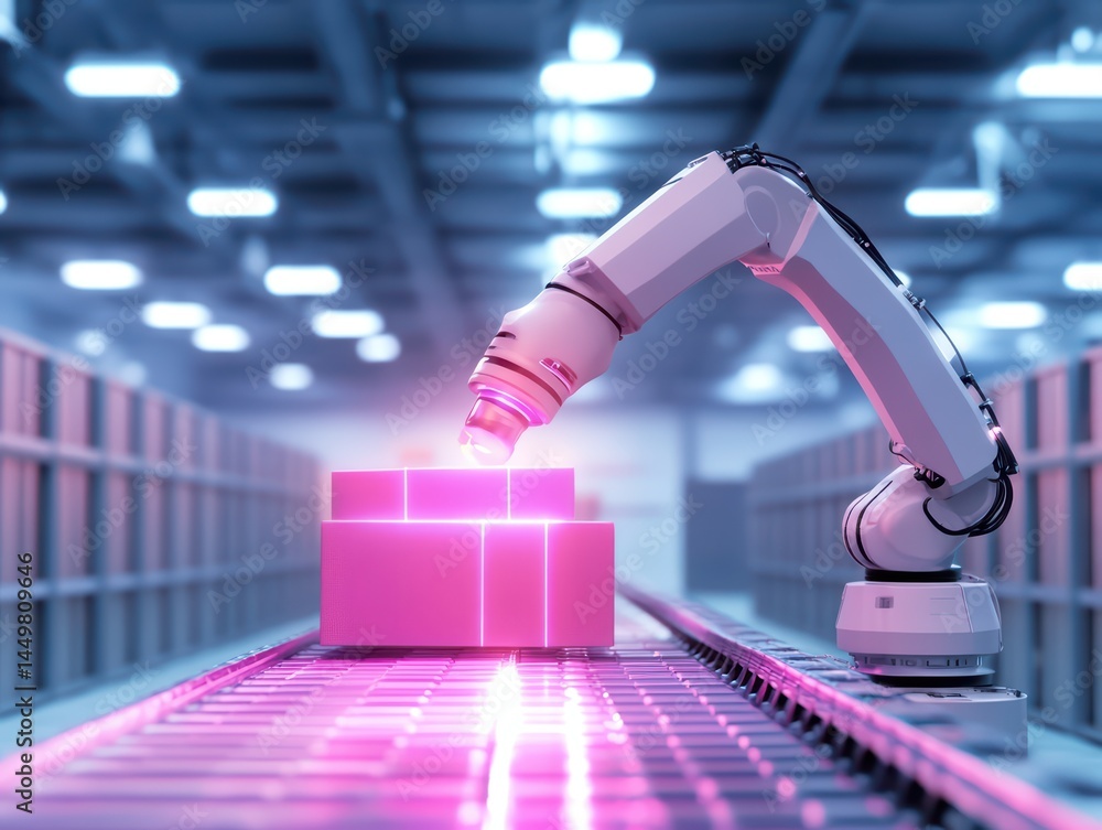 Poster robotic arm handling boxes in modern warehouse with dynamic lighting and advanced automation technol