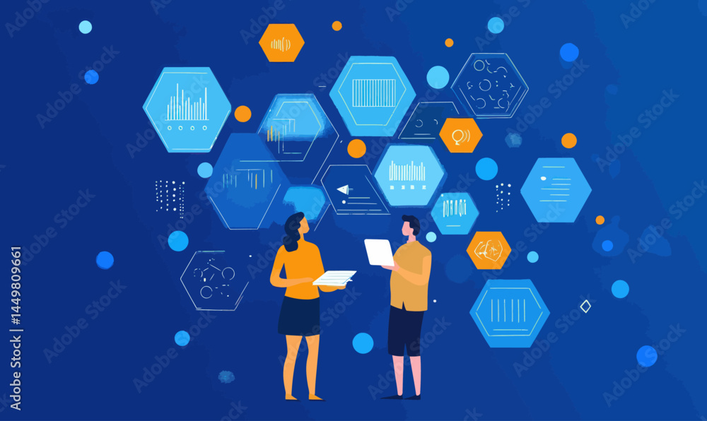 Poster innovative large language model concept with hexagonal tech interface on blue backdrop