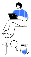 Person seated with laptop, wind turbine, magnifying glass, and robot holding coin. Ideal for renewable energy, technology, artificial intelligence, financial growth, innovation research