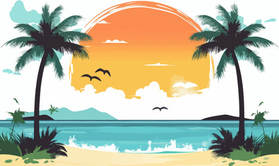 Obraz premium Tropical Beach Scene with Palm Trees and Sunset in Vector Art for Relaxation Themes