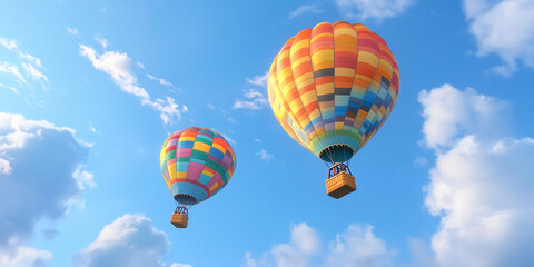 Fototapeta premium Two colorful hot air balloons ascend against a bright blue sky dotted with fluffy white clouds, symbolizing adventure, freedom, and travel