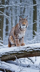 Fototapeta premium Lynx walking silently across snowy forest with focused gaze Stealth motion, fl