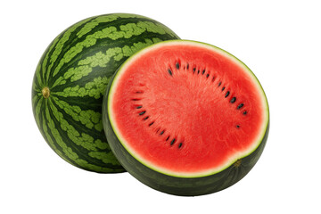 Fresh ripe watermelon with half cut isolated on a transparent background. Cut out the PNG format for graphic design.