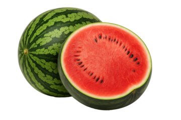 Fresh ripe watermelon with half cut isolated on a transparent background. Cut out the PNG format for graphic design.