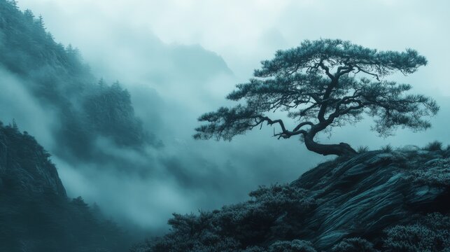 Solitary tree standing on a cliff in a foggy mountain landscape