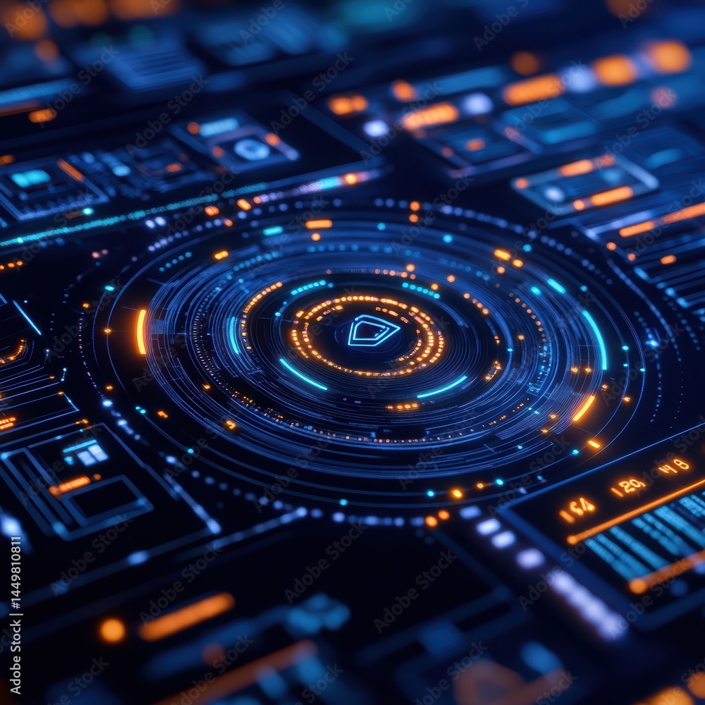 Poster futuristic digital technology interface with abstract shapes and glowing elements for cybersecurity 