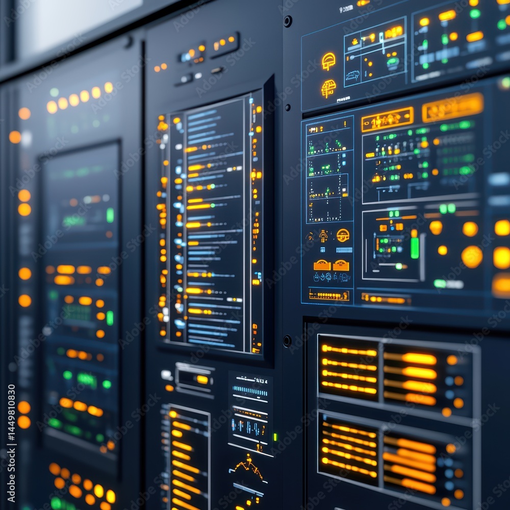 Poster futuristic data center displaying array of digital screens with green and orange indicators and metr